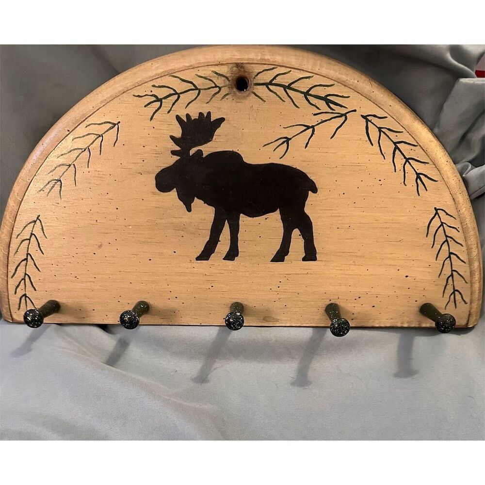 Rustic Moose Wood Wall Hanger with 5 Hooks Brown 25" Key Holder